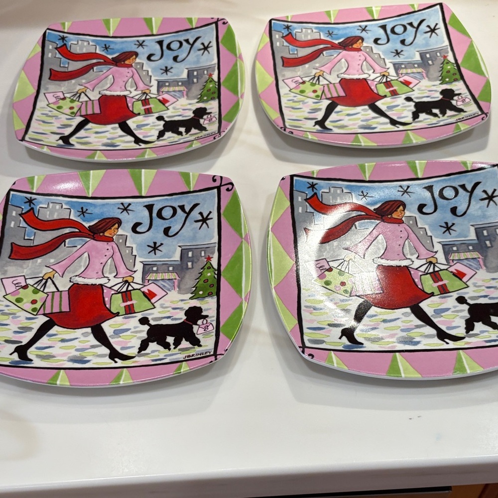 Festive Joy Appetizer/Dessert Plates with Holiday Design- Never Used.
